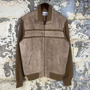 Vintage 80's Repage Suede Leather Knit Bomber Jacket Brown Hybrid Zip Mens Large